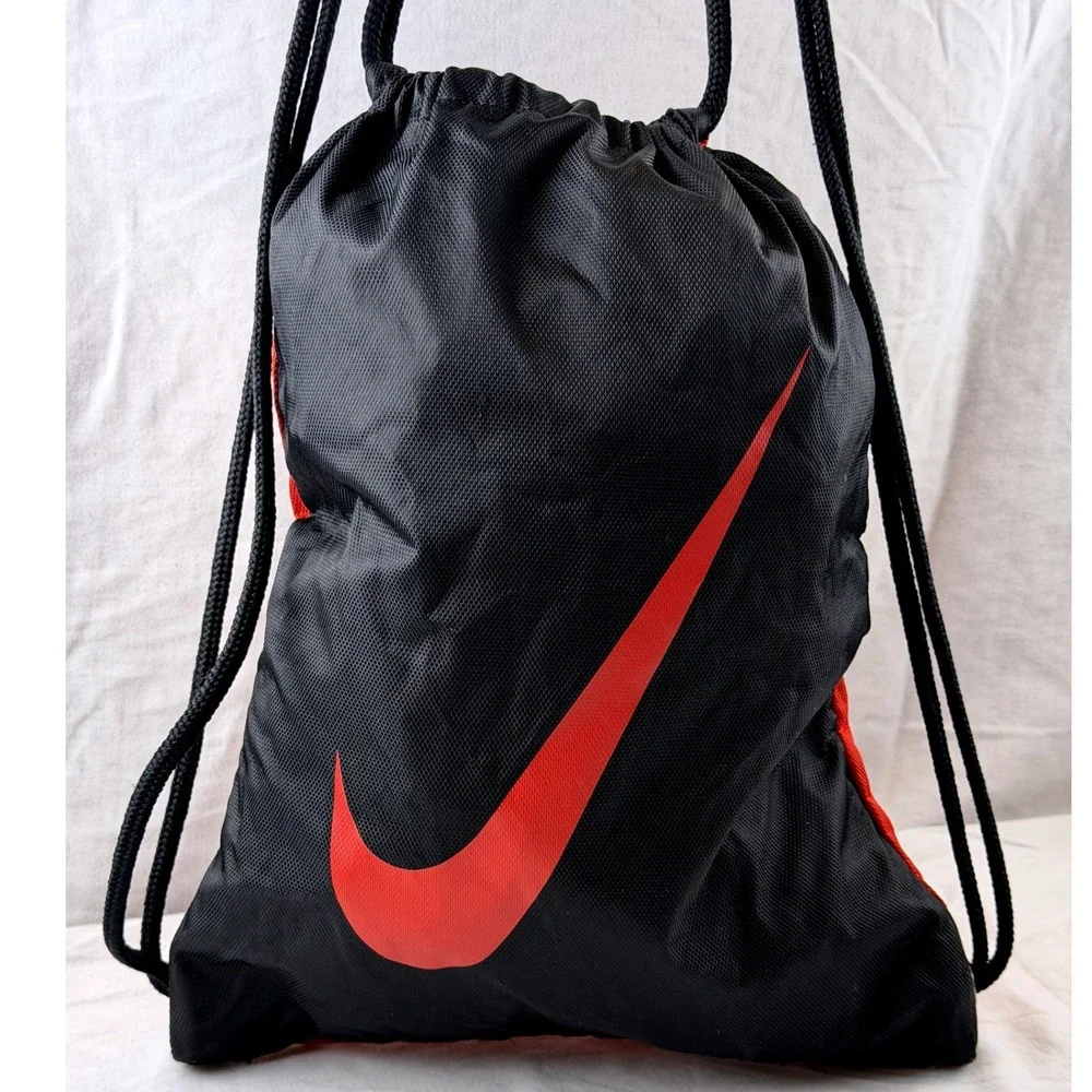 Nike Drawstring Backpack Black Red Swoosh Gym Sack Sport Bag Nylon 17x12.5x2